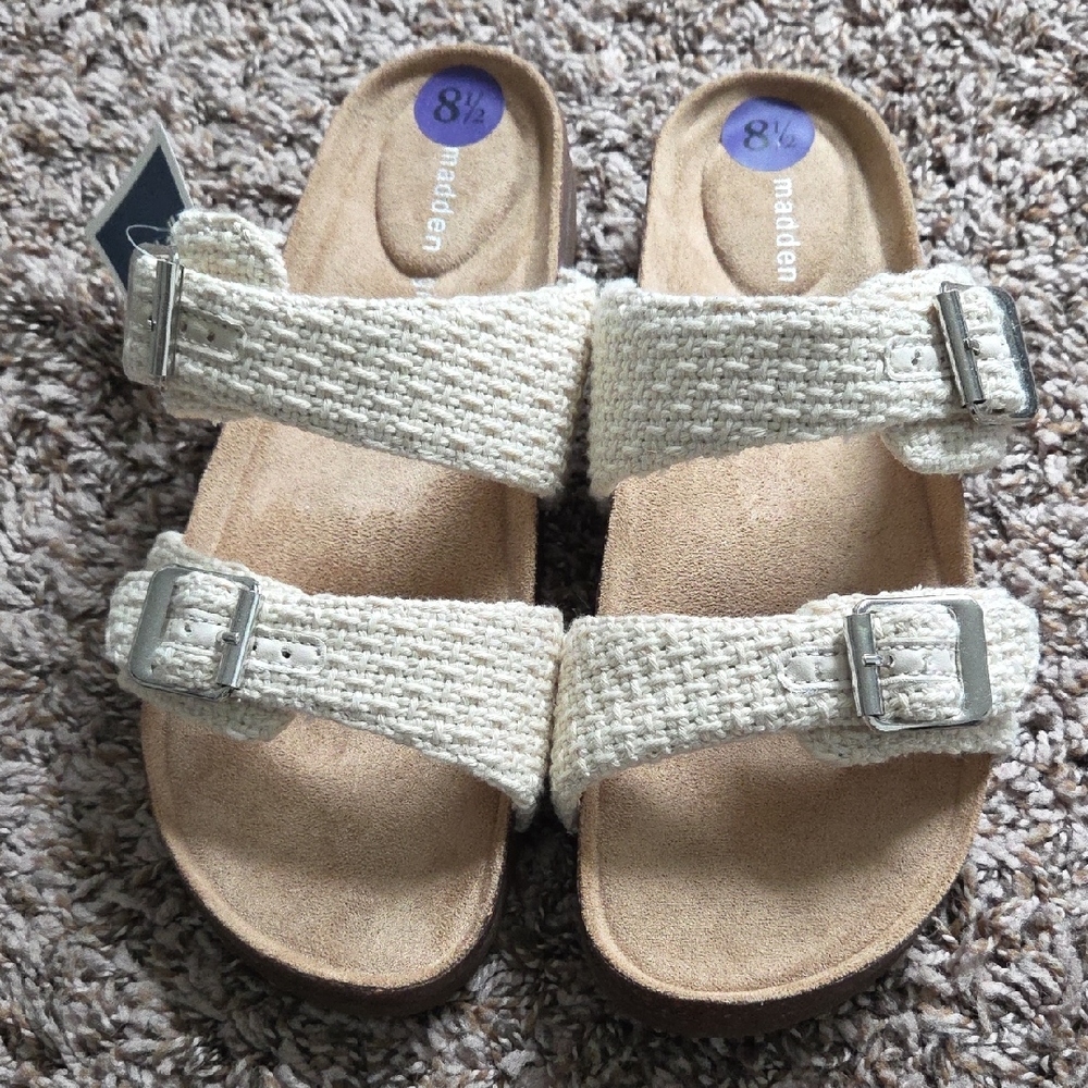 Steve Madden Cream Woven Double-Buckle Sandals